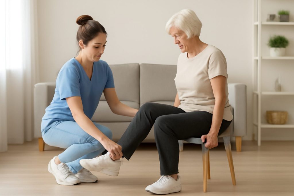 anciana haciendo ejercicios de flexión y extensión de rodillas con la ayuda de una fisioterapeuta