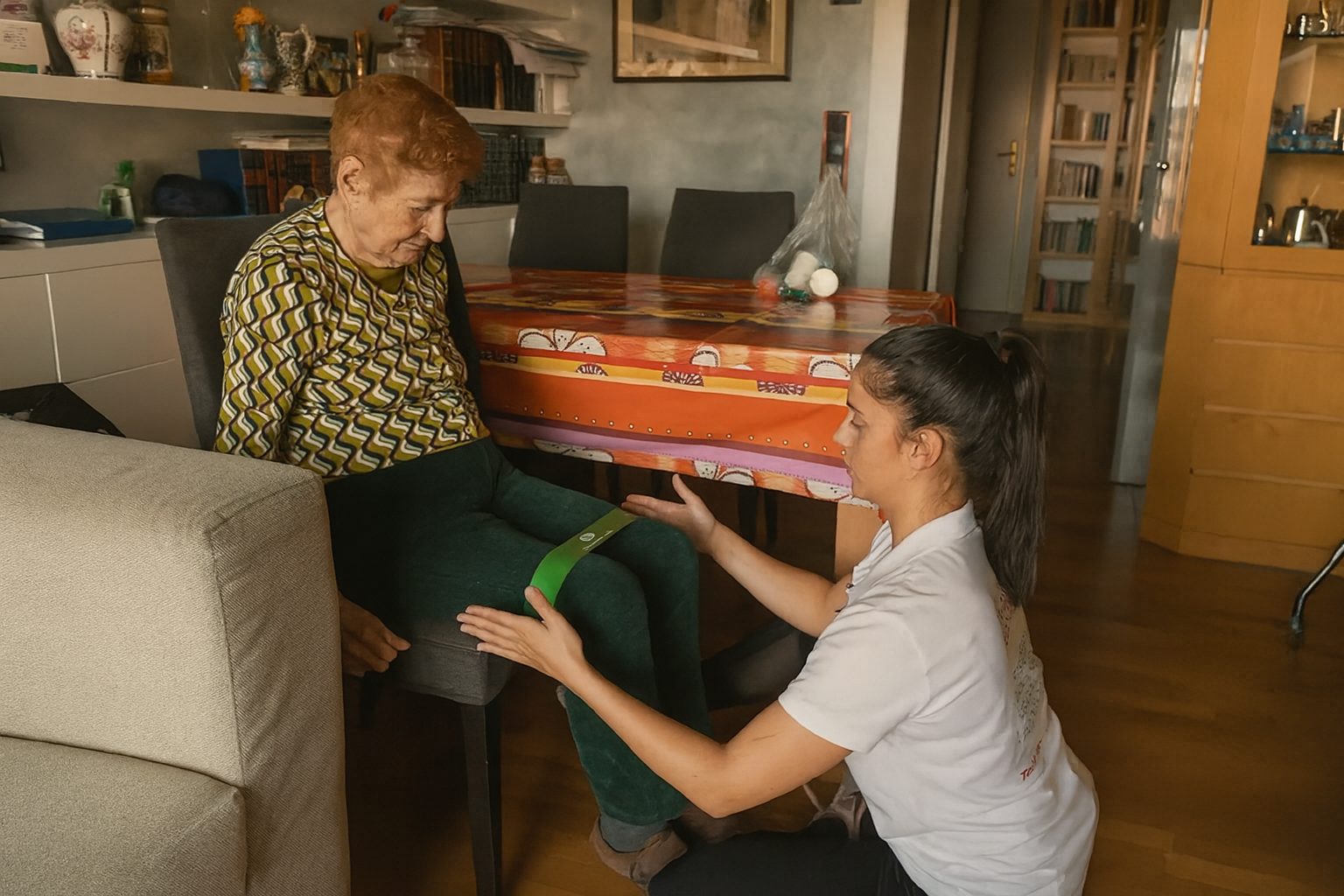 Fisioterapeuta ayudando a un paciente con la rehabilitación de hemiplejia en su casa en Barcelona