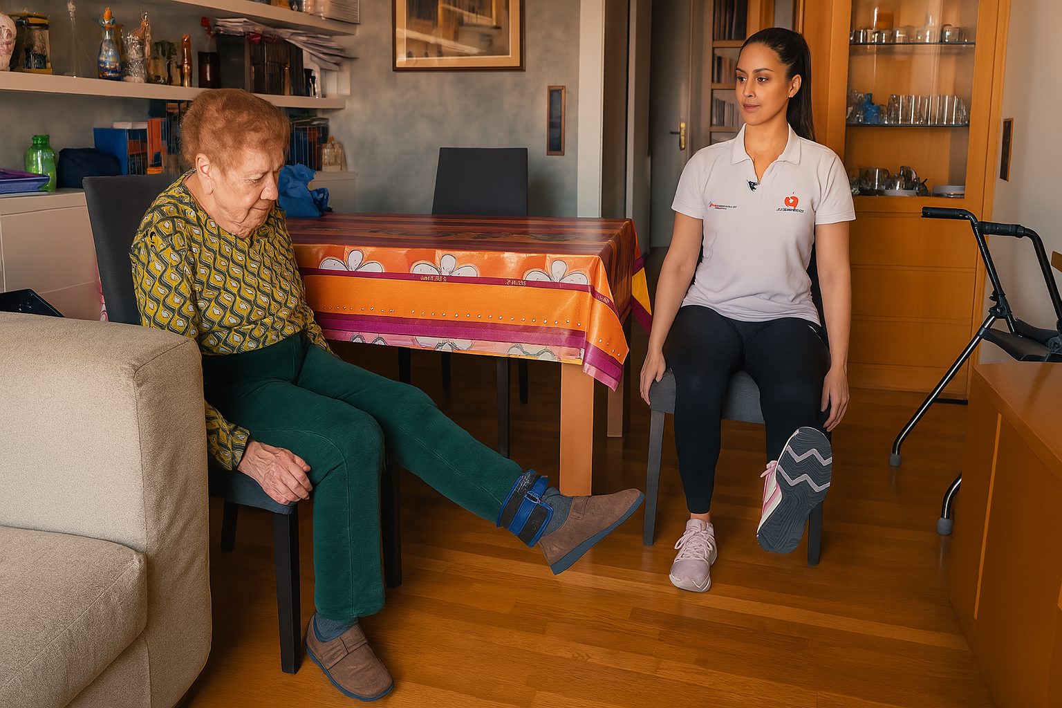 Fisioterapeuta ayudando a un paciente con la rehabilitación de fractura de fémur en su casa en Barcelona