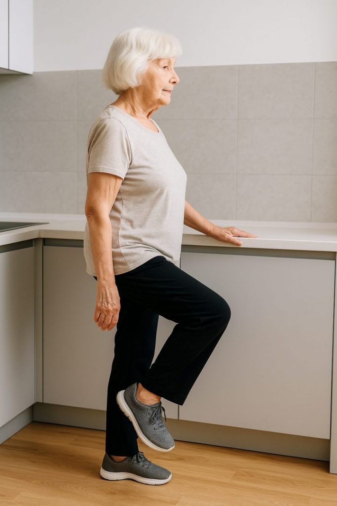 Ejercicio de apoyo monopodal para mejorar equilibrio tras fractura de fémur.