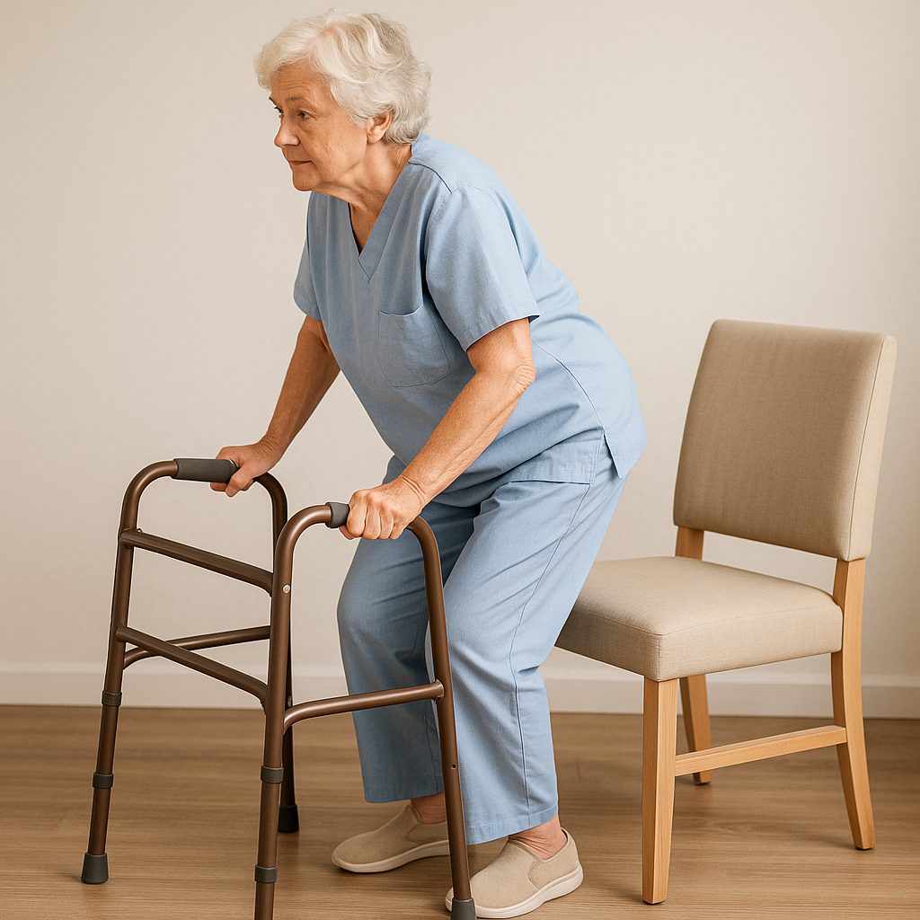 Mini-sentadillas asistidas en rehabilitación de fractura de fémur.
