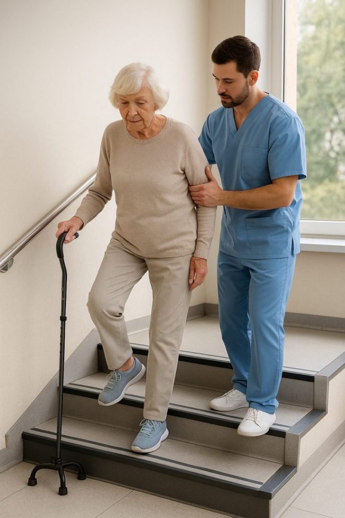 Ejercicio de escaleras en fase avanzada de rehabilitación de fractura de fémur.
