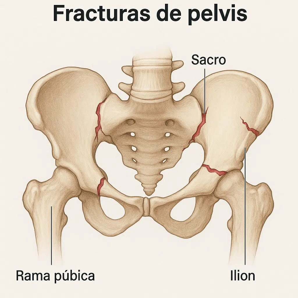 diagrama anatómico de la pelvis humana con zonas comunes de fractura en personas mayores