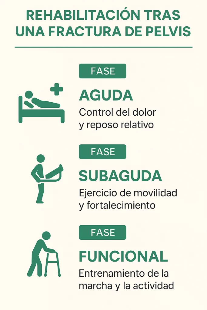 infografía con fases de rehabilitación fisioterapéutica tras fractura de pelvis en ancianos