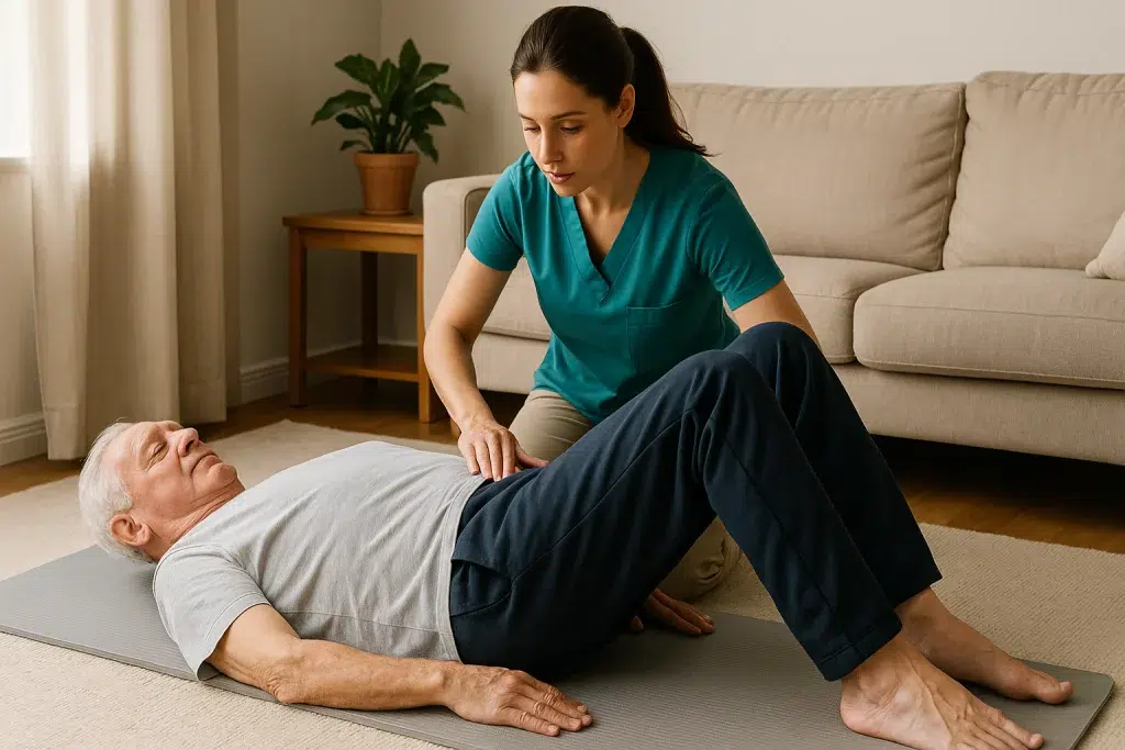 Ejercicio de inclinación pélvica para fortalecer la zona lumbar en adultos mayores.