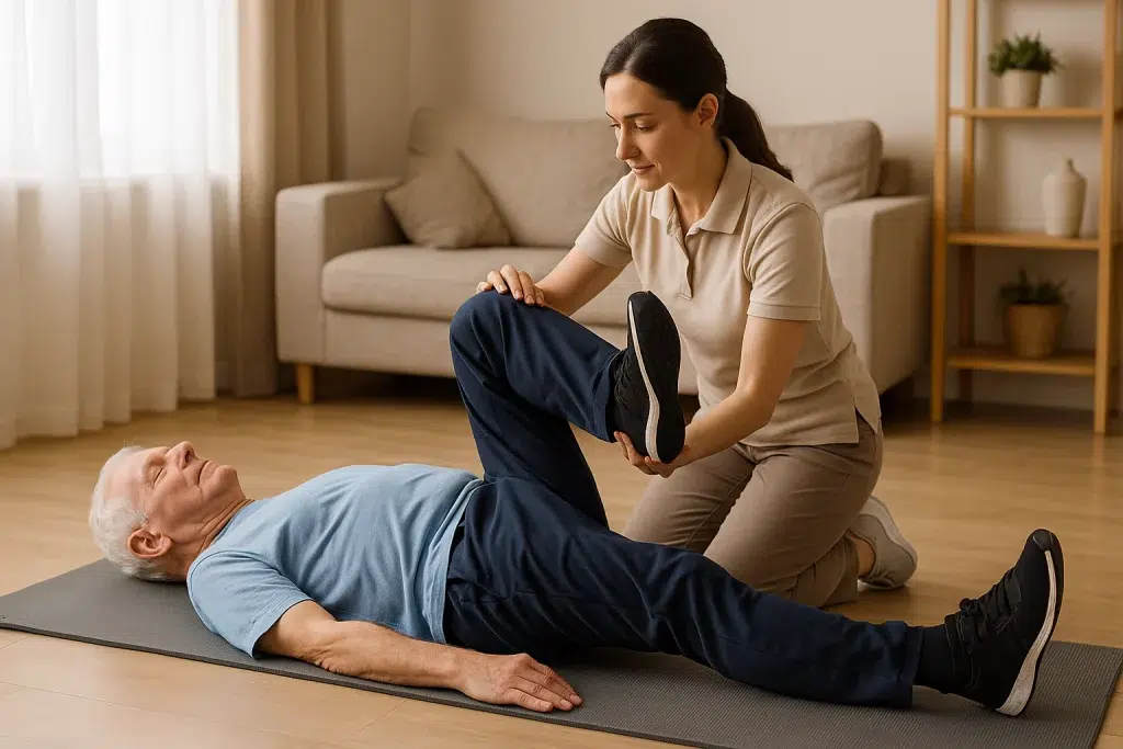 Ejercicio de flexión lumbar con rodillas al pecho en adultos mayores guiado por fisioterapeuta a domicilio.