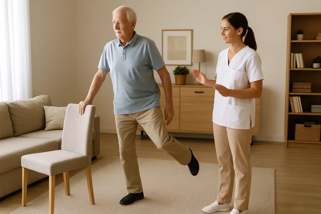 Ejercicio de fortalecimiento de glúteo medio con elevaciones laterales de pierna en mayores.