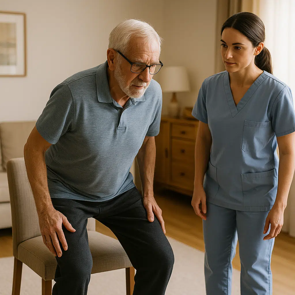 Ejercicio funcional de sentarse y levantarse para fortalecer piernas y mejorar la autonomía en adultos mayores.