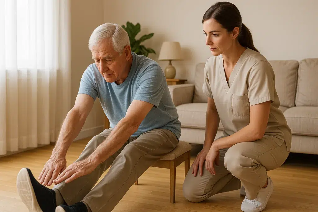 Estiramiento de isquiotibiales sentado para mejorar la flexibilidad lumbar en adultos mayores.