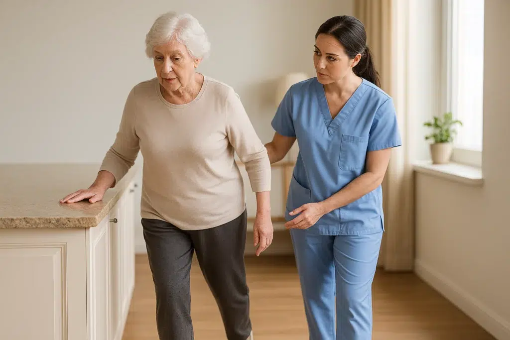 Mujer mayor realizando caminata lateral con apoyo para mejorar estabilidad de cadera