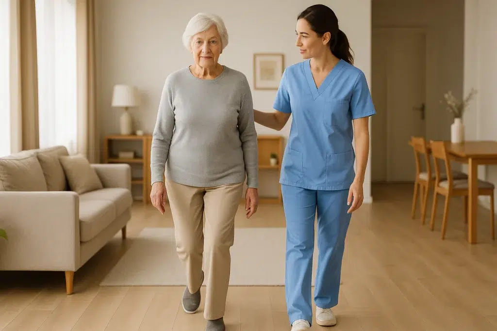 Paciente mayor entrenando marcha con ritmo guiado por una fisioterapeuta