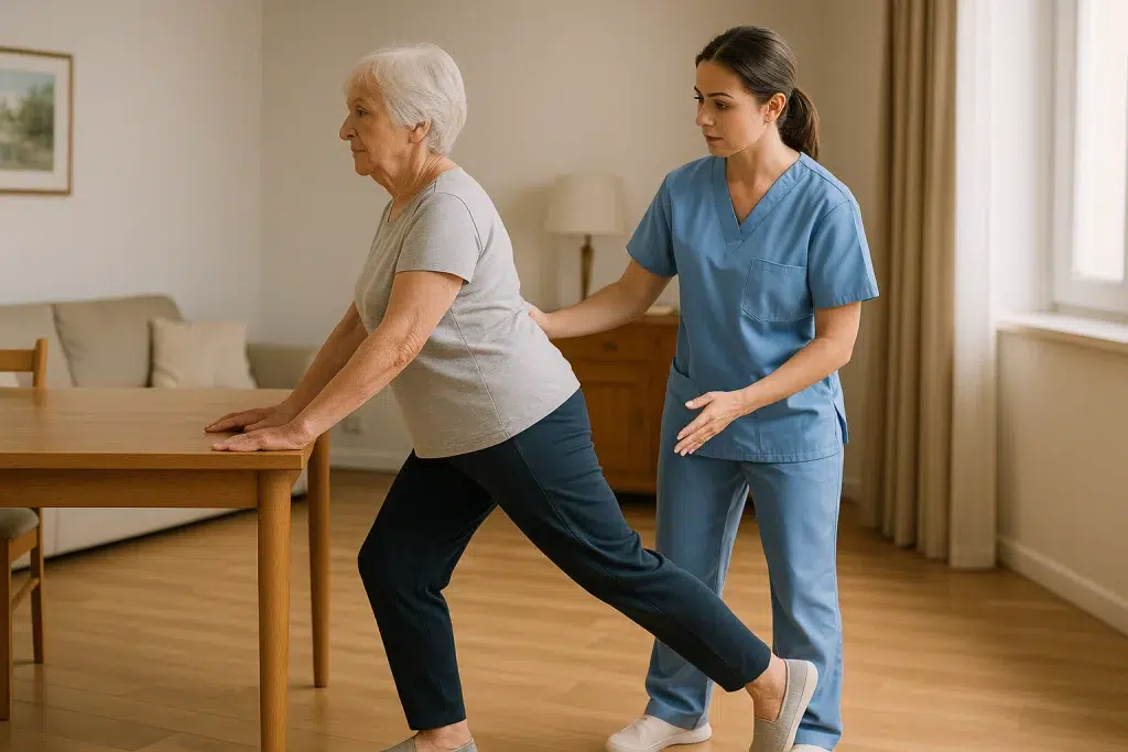 Mujer mayor realizando extensión de cadera sujeto a una mesa con supervisión profesional