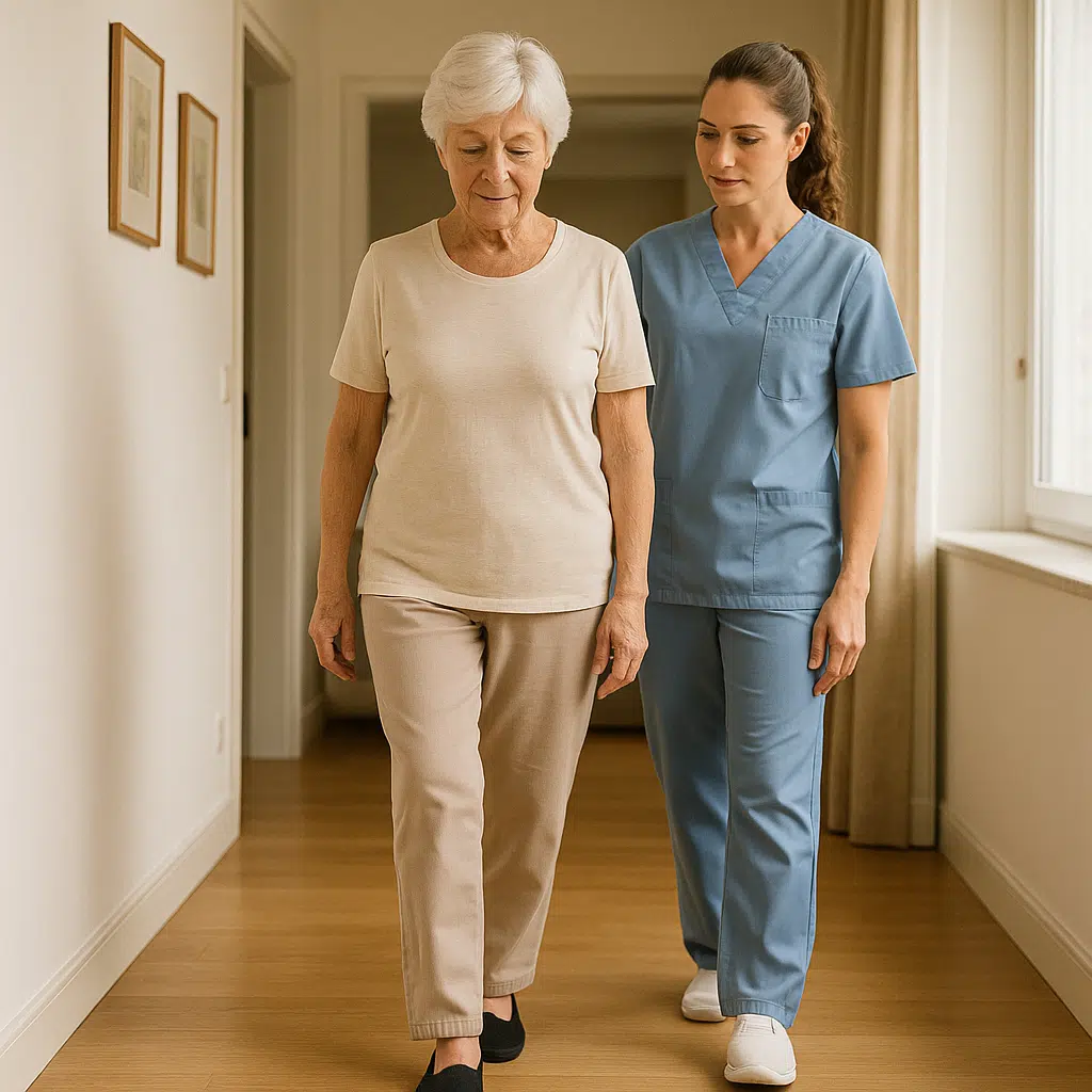 Mujer mayor realizando marcha en línea para mejorar equilibrio con fisioterapeuta