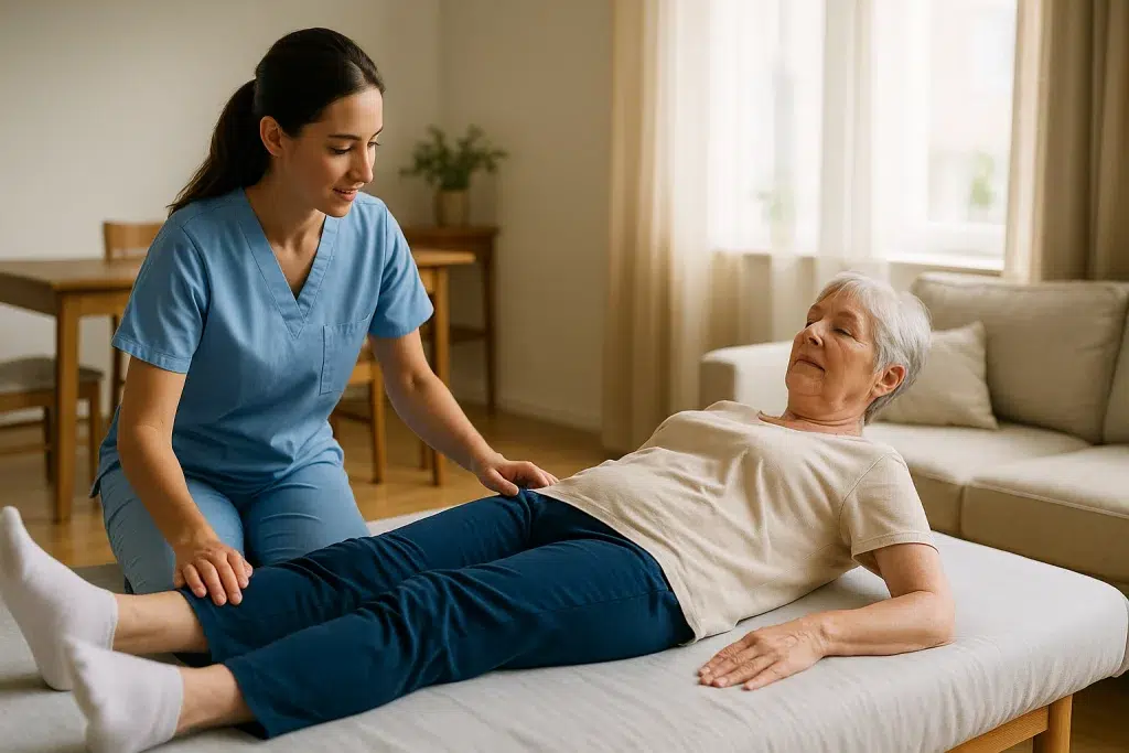 Mujer mayor en supino realizando movilidad suave de cadera con supervisión profesional