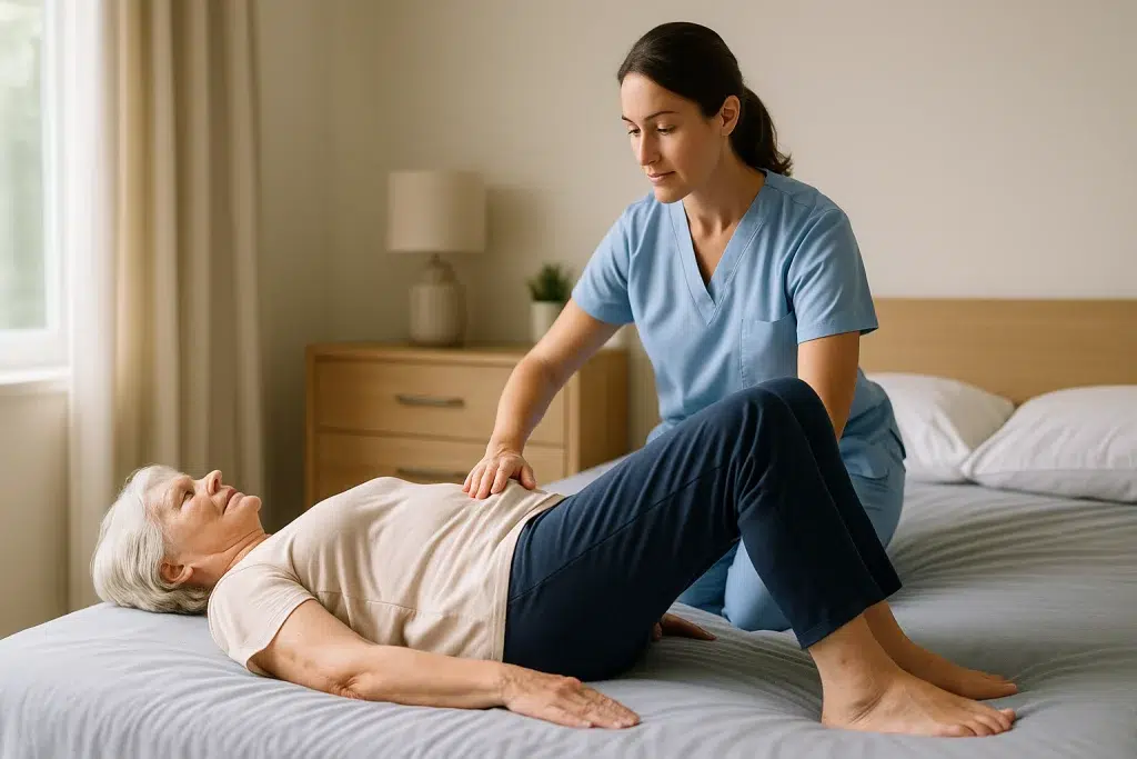 Mujer mayor realizando puente de glúteos en cama con supervisión de fisioterapeuta
