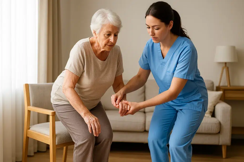 Paciente mayor realizando transferencia controlada de sentado a de pie guiado por fisioterapeuta