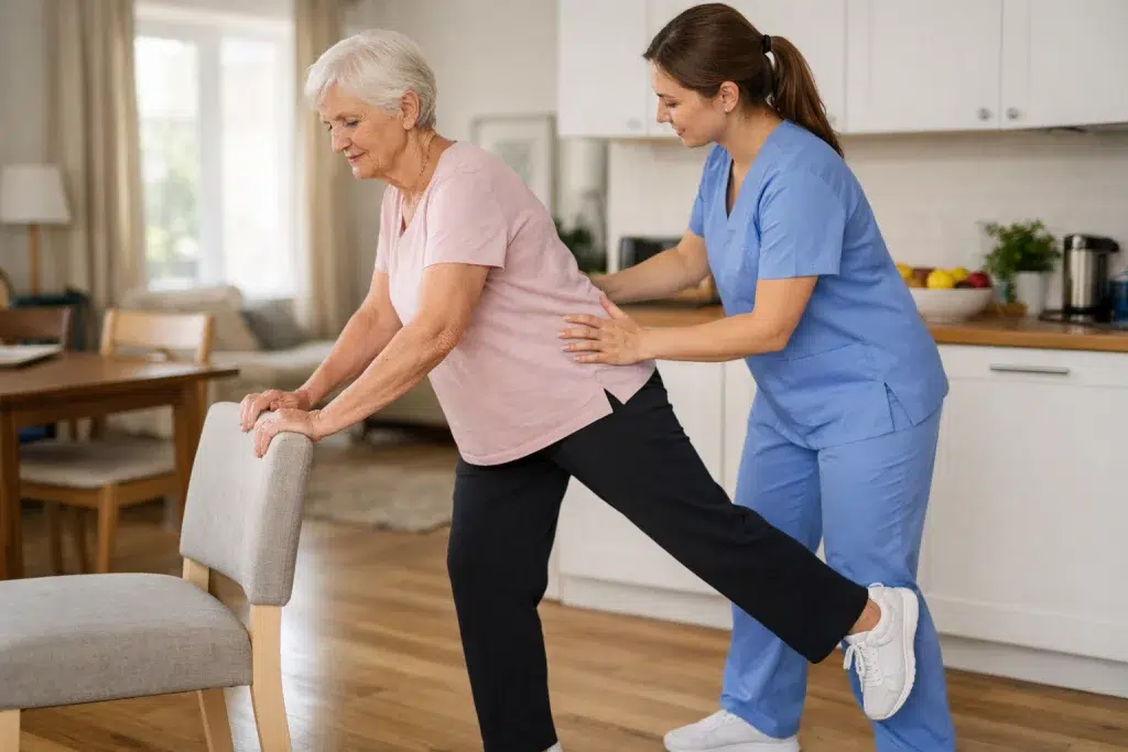 Mujer mayor realizando abducción de cadera en bipedestación con apoyo y supervisión de fisioterapeuta en casa
