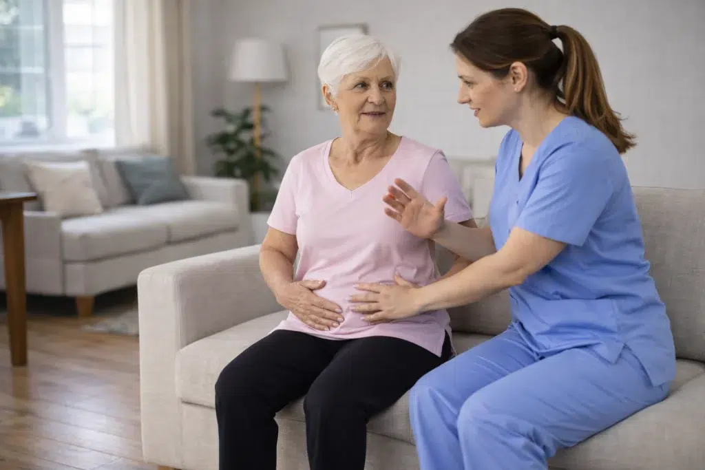 Mujer mayor trabajando el control abdominal en sedestación con fisioterapeuta tras cirugía de cadera