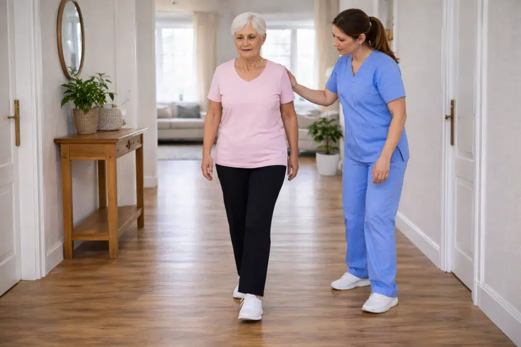 Mujer mayor caminando en casa con fisioterapeuta corrigiendo el patrón de marcha tras prótesis de cadera