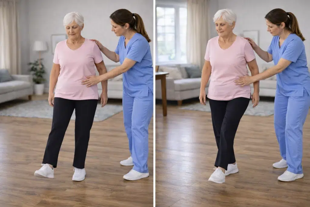 Mujer mayor realizando desplazamientos laterales con fisioterapeuta durante rehabilitación de cadera