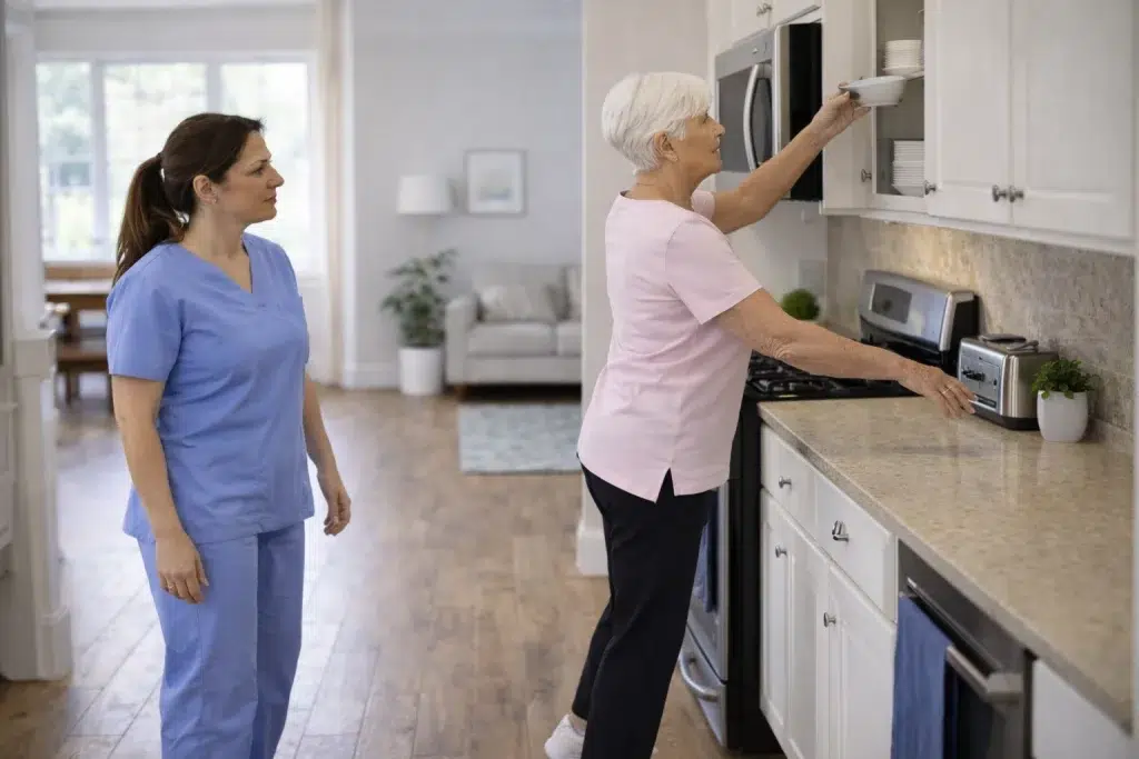 Mujer mayor realizando movimientos funcionales en su casa con fisioterapeuta tras prótesis de cadera