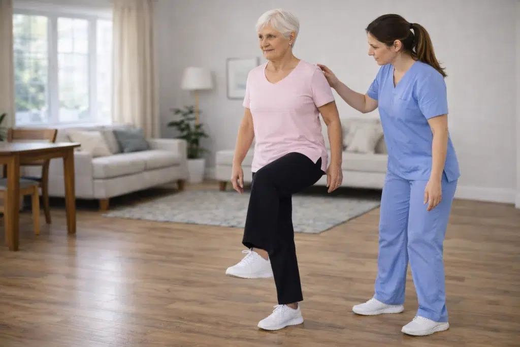 Mujer mayor manteniendo el equilibrio sobre una pierna durante rehabilitación de cadera