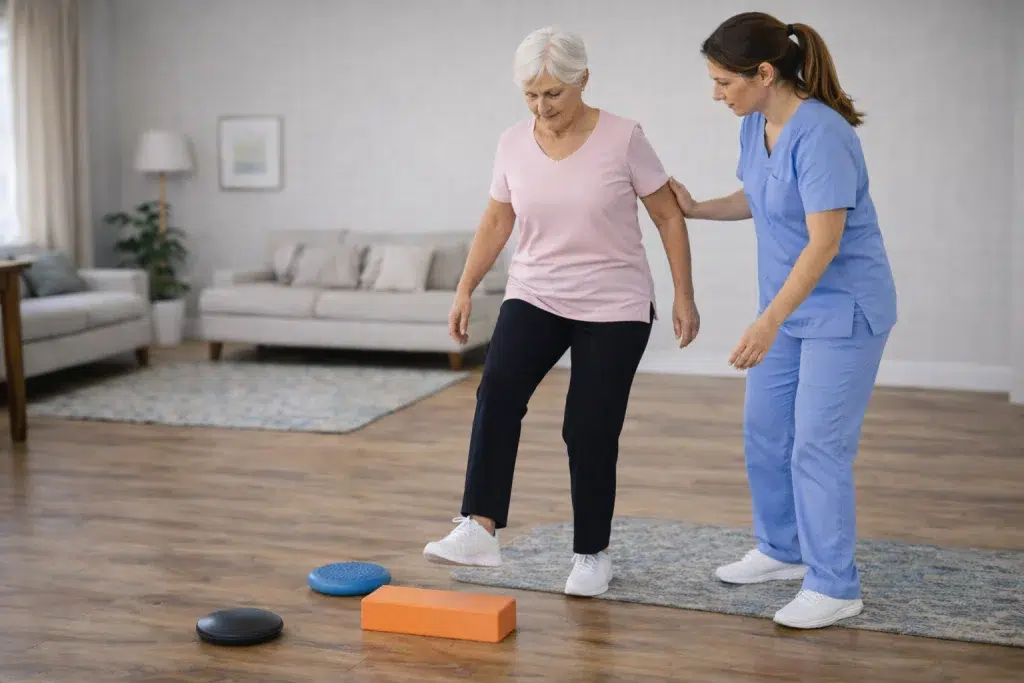 Mujer mayor practicando equilibrio con pequeños obstáculos durante rehabilitación de prótesis de cadera