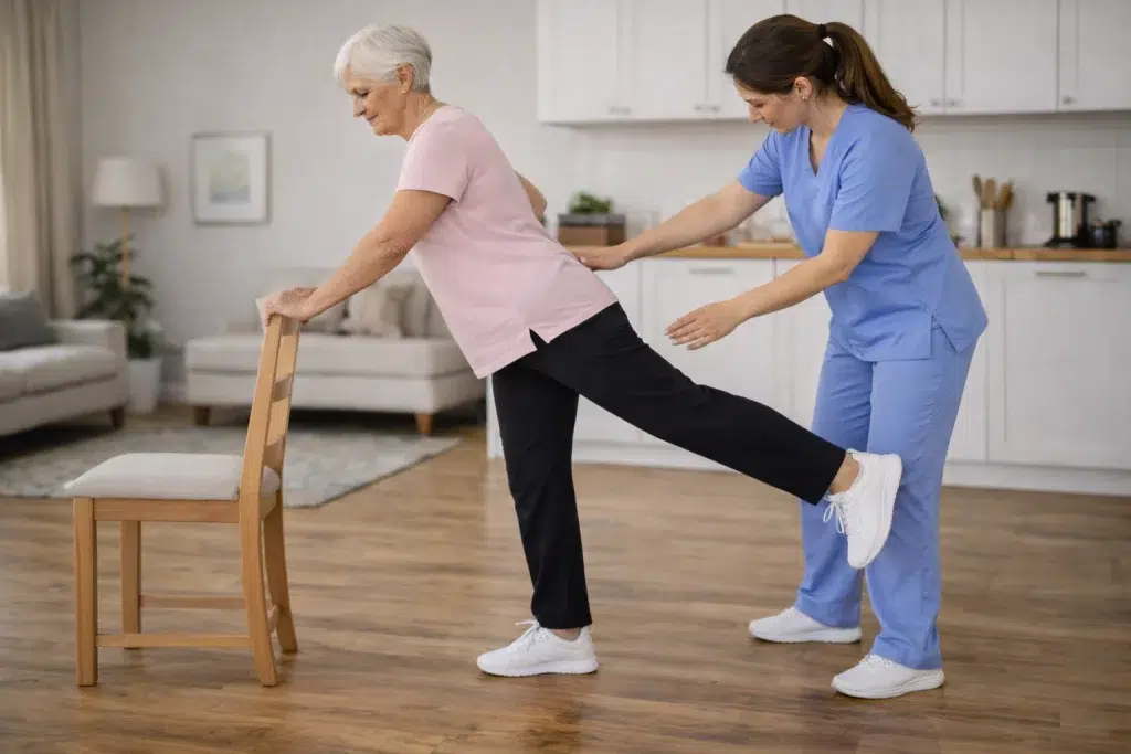 Mujer mayor realizando extensión de cadera apoyada en una silla durante rehabilitación de prótesis de cadera