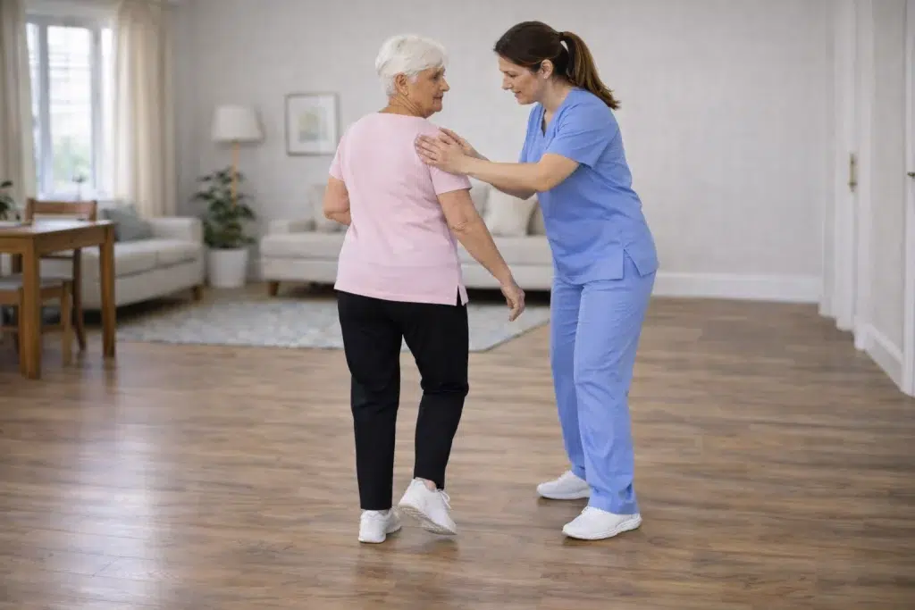Mujer mayor realizando giros durante la marcha con ayuda de fisioterapeuta en rehabilitación de cadera