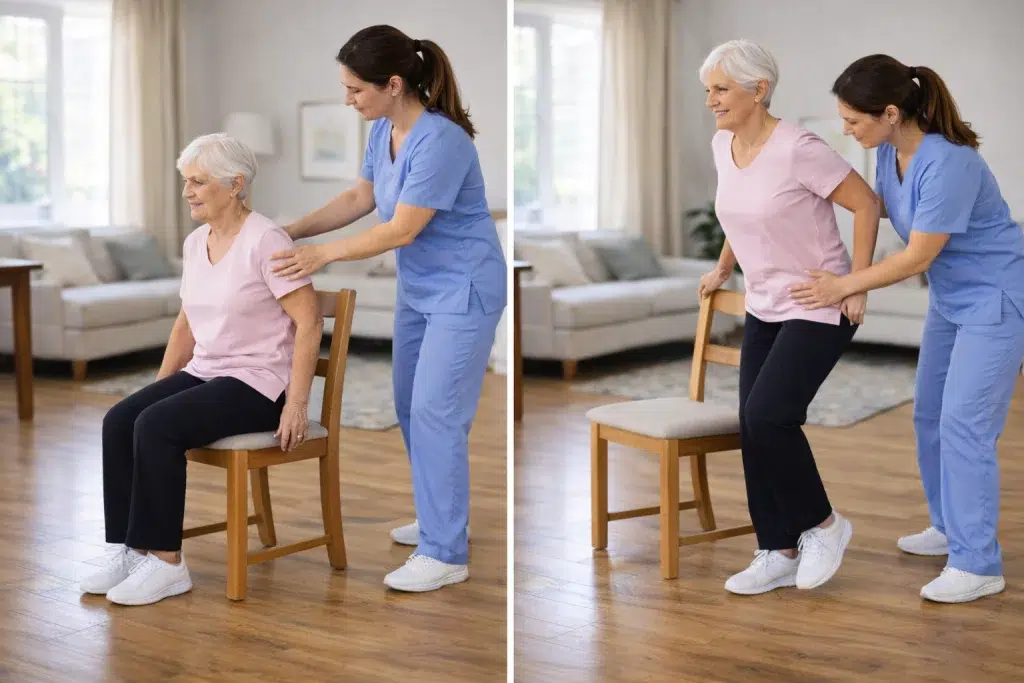 Mujer mayor realizando ejercicio de sentarse y levantarse con supervisión de fisioterapeuta en casa
