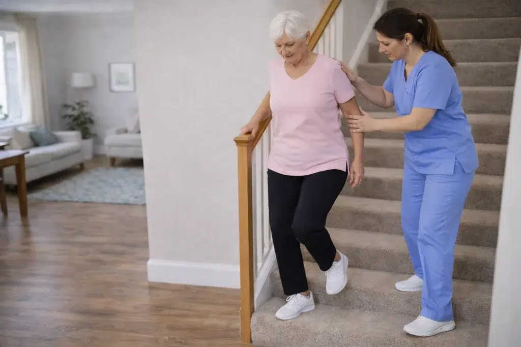 Mujer mayor subiendo escaleras con fisioterapeuta durante rehabilitación de prótesis de cadera