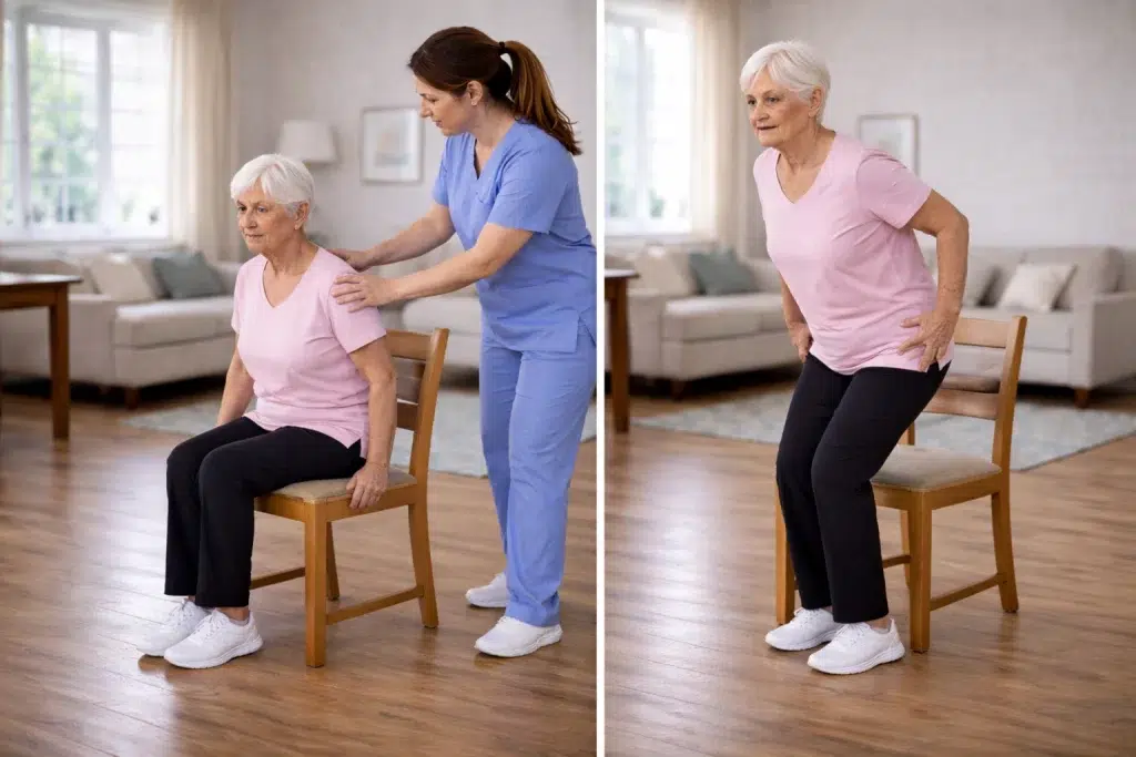 Mujer mayor realizando transferencia de sentarse y levantarse con fisioterapeuta tras cirugía de cadera