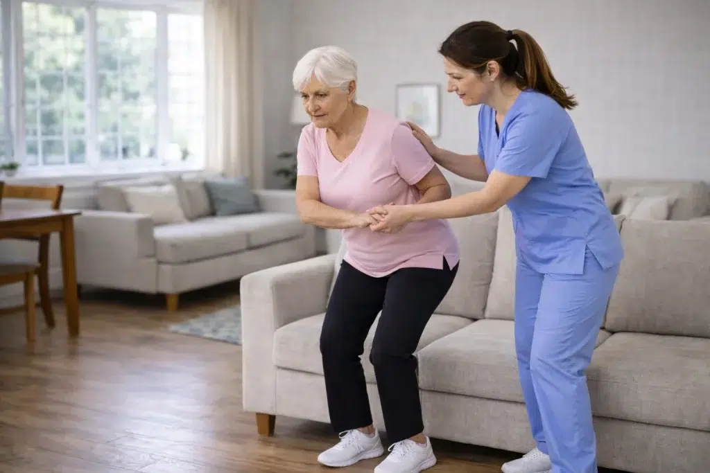 Mujer mayor cambiando de posición de forma segura con ayuda de fisioterapeuta en casa