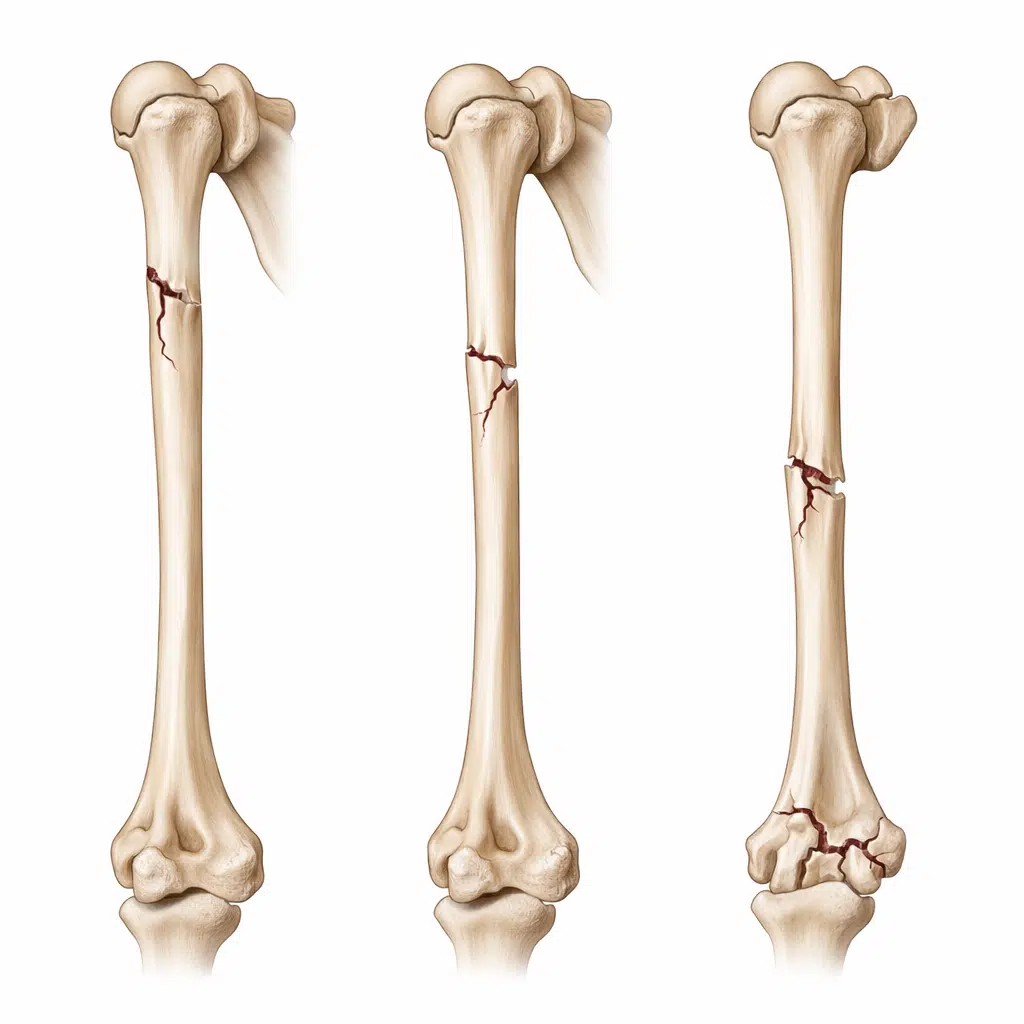 Ilustración anatómica del húmero con tipos de fractura