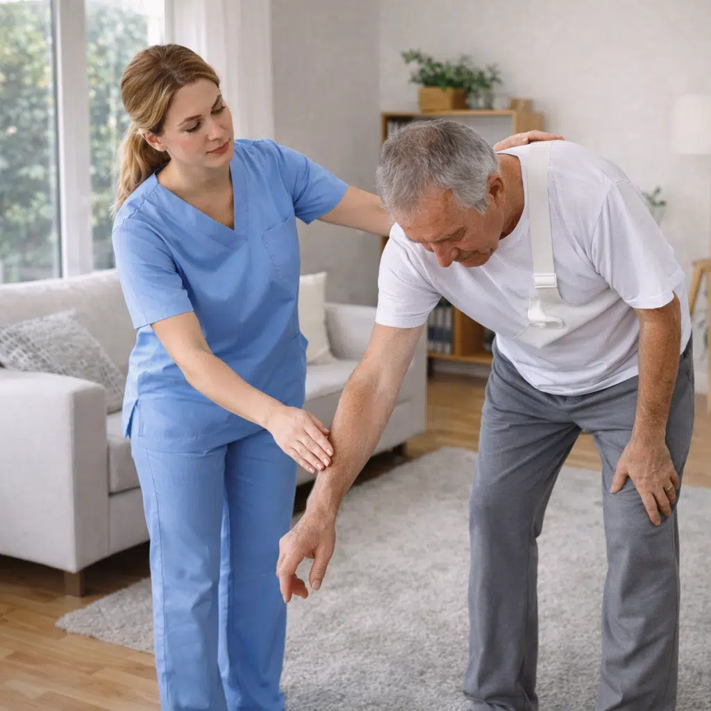 Ejercicio pendular para rehabilitación de fractura de húmero supervisado por fisioterapeuta