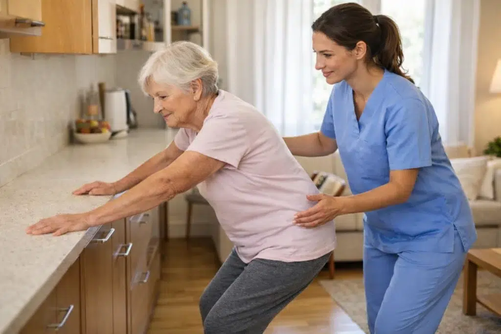 ejercicios para la sarcopenia sentadilla asistida en rehabilitación funcional
