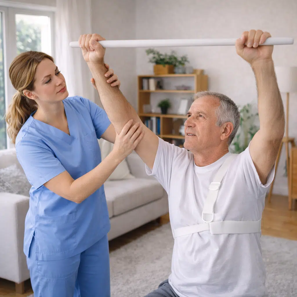 Ejercicio con bastón para recuperar movilidad tras fractura de húmero