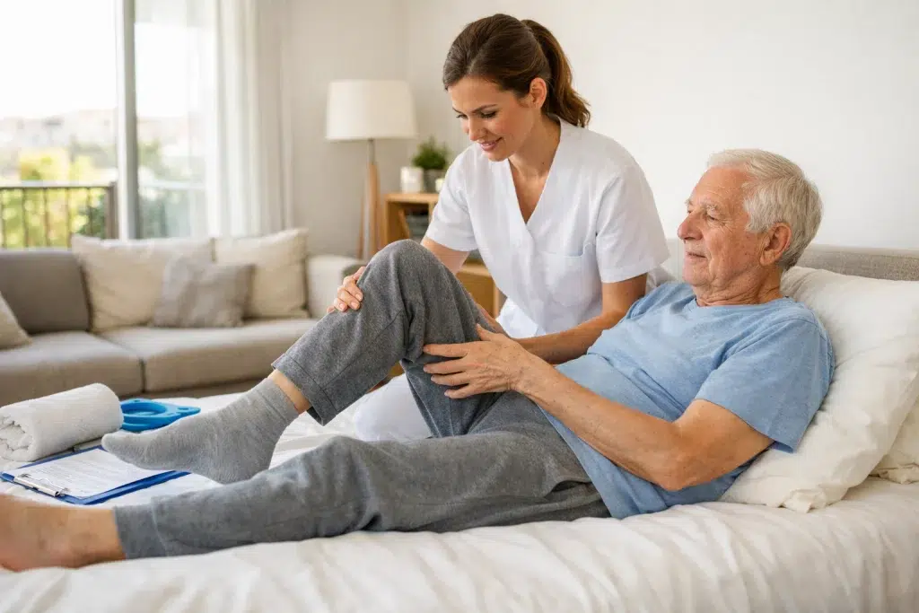 Fisioterapia para rehabilitación de fractura de pelvis en Barcelona con fisioterapeuta ayudando a persona mayor a realizar ejercicios terapéuticos en domicilio