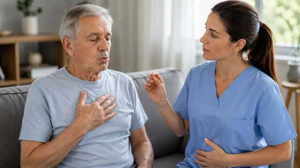Ejercicio de respiración con labios fruncidos para fisioterapia respiratoria en casa