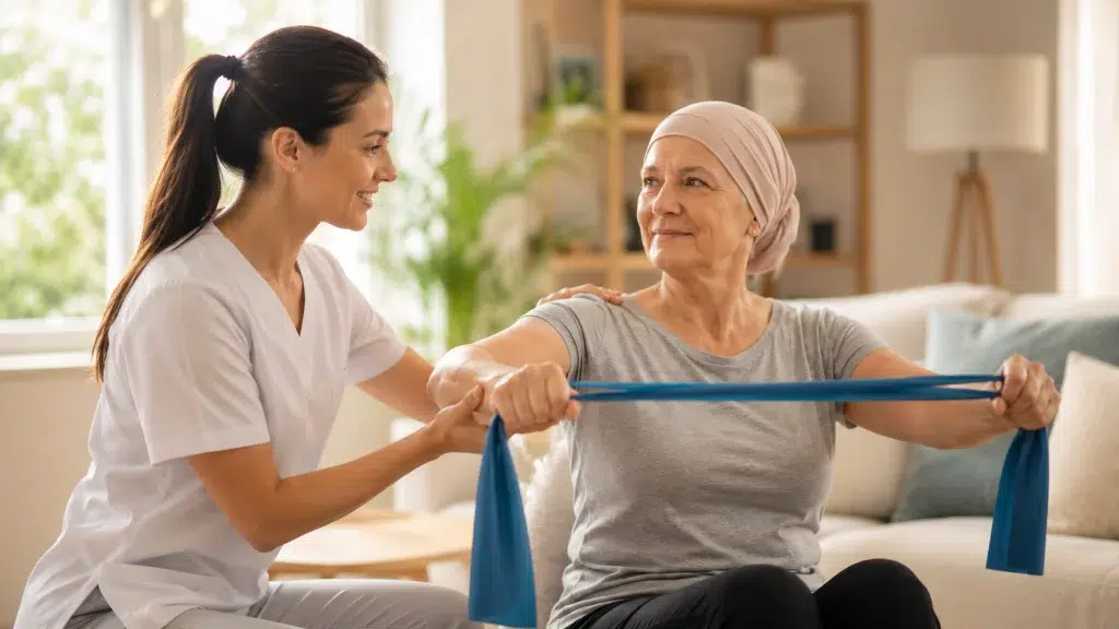 Paciente con cáncer realizando ejercicio terapéutico supervisado por una fisioterapeuta para reducir la fatiga relacionada con el cáncer.